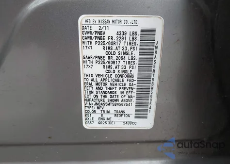 2011 Nissan Rogue Sv из США, поврежденный, VIN JN8AS5MT5BW568541